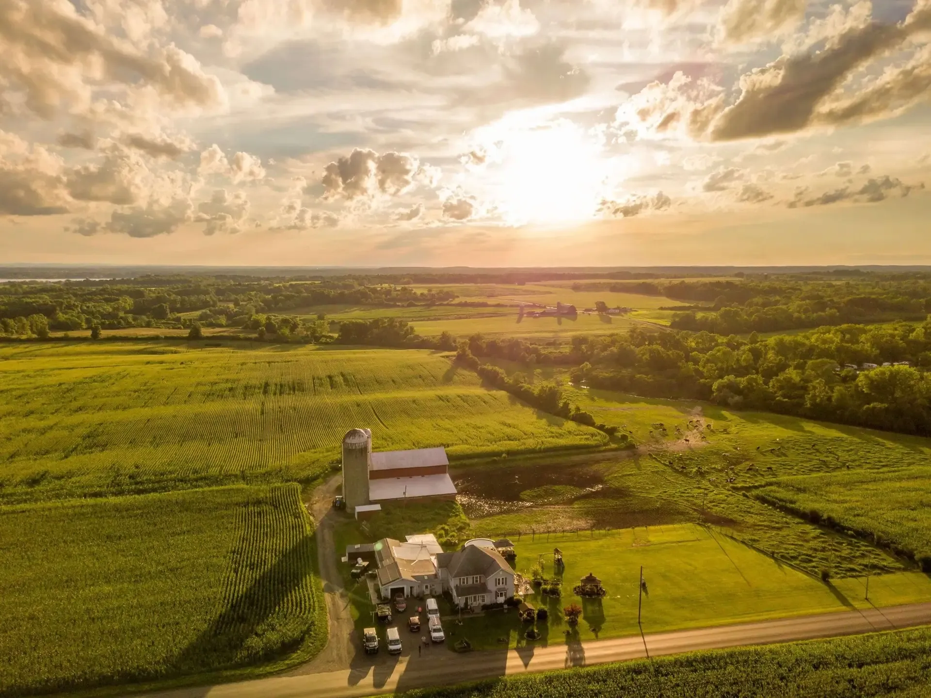 Aerial view of an Ohio farm and fields at sunrise